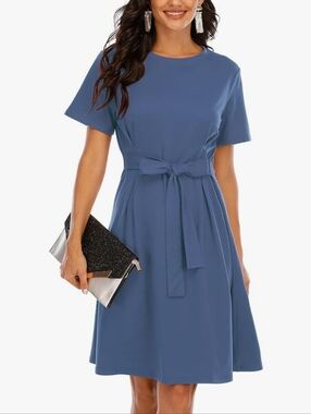 Blue Tie-Waist Short Sleeve Dress